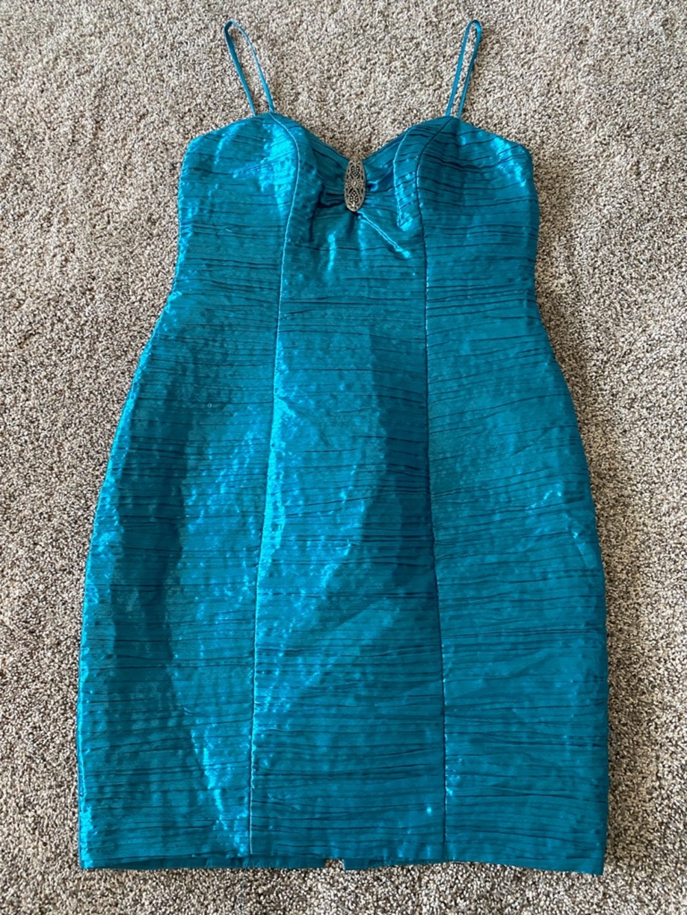 VINTAGE 80s Teal Spaghetti-Strap Mini Dress with Decorative Accent